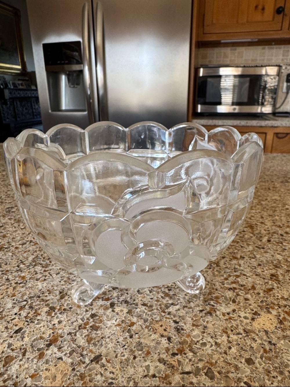Vintage Clear & Frosted Glass Decorative Footed Bowl